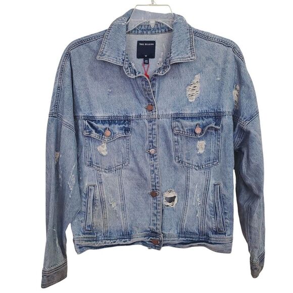 TRUE RELIGION Jeans Denim Jacket Womens Medium Distressed Grunge Boxy oversized - Picture 1 of 13